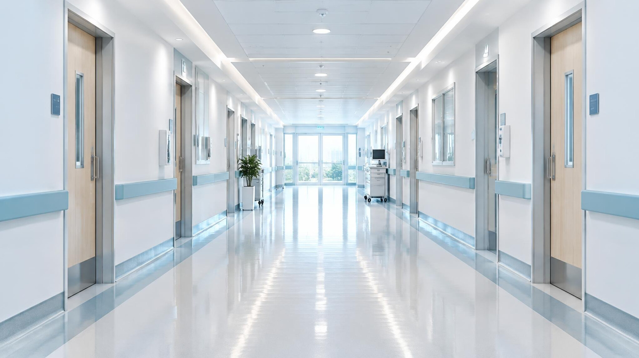 Bright empty hospital corridor with clean floor
