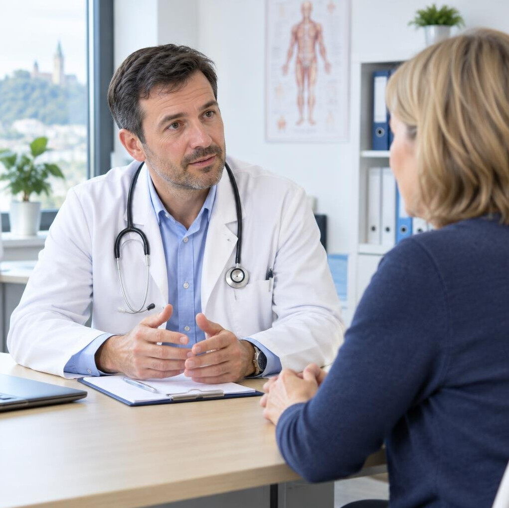 Doctor consulting a patient at a desk in a bright office