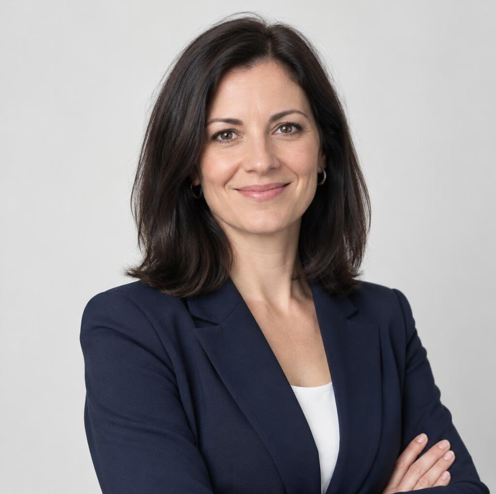 Portrait of a smiling businesswoman with dark hair in a blazer