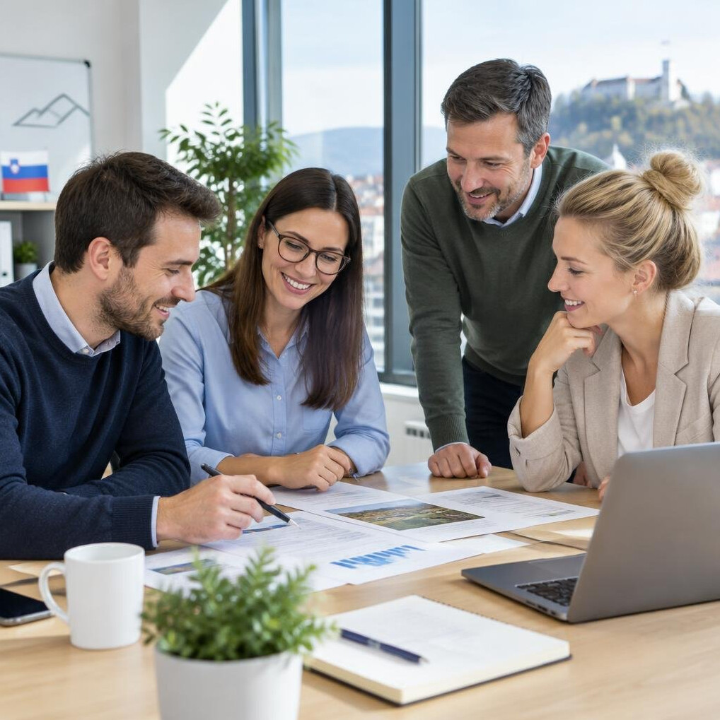 Team of colleagues discussing around a table in a bright office