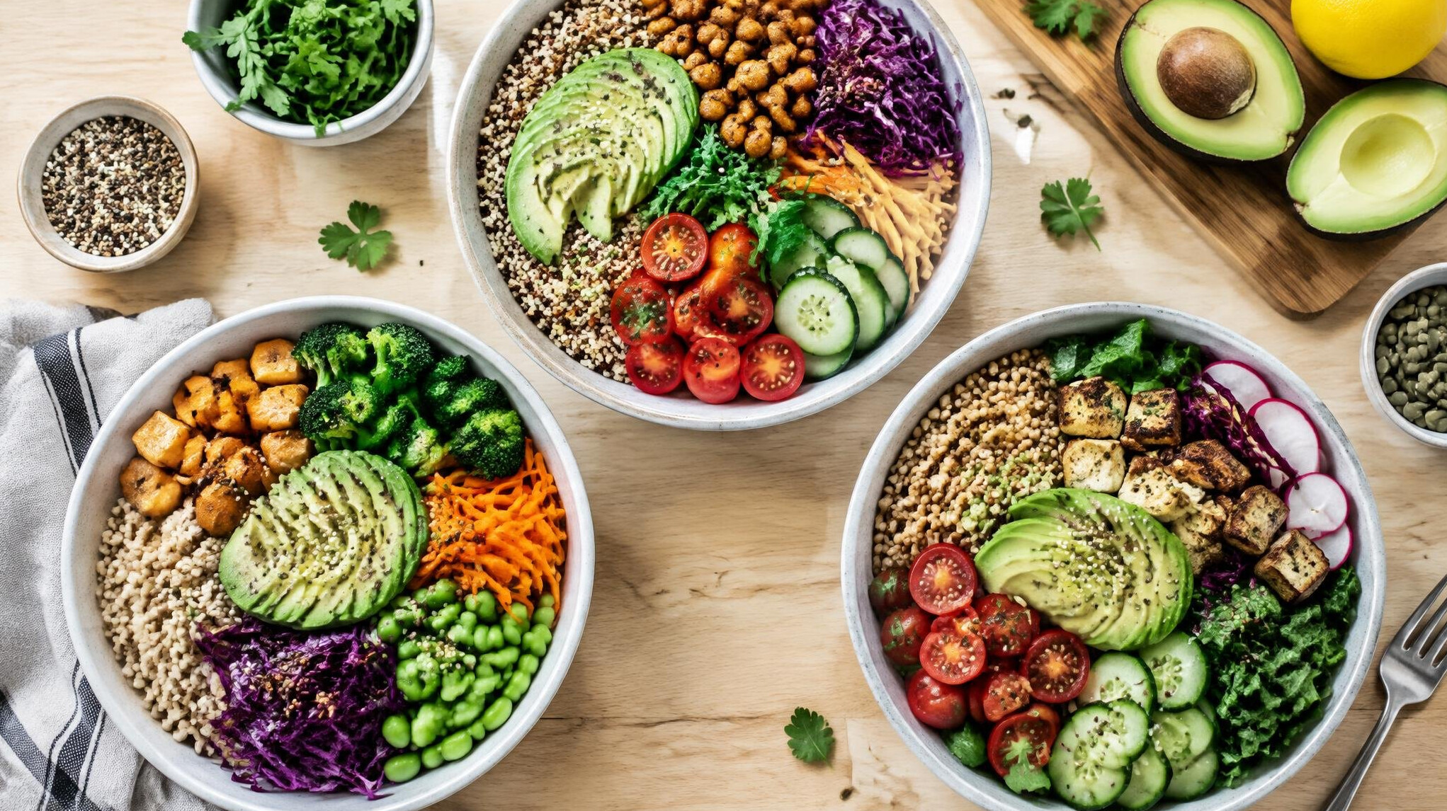 Healthy meal with fresh vegetables and grains in bowls on a table