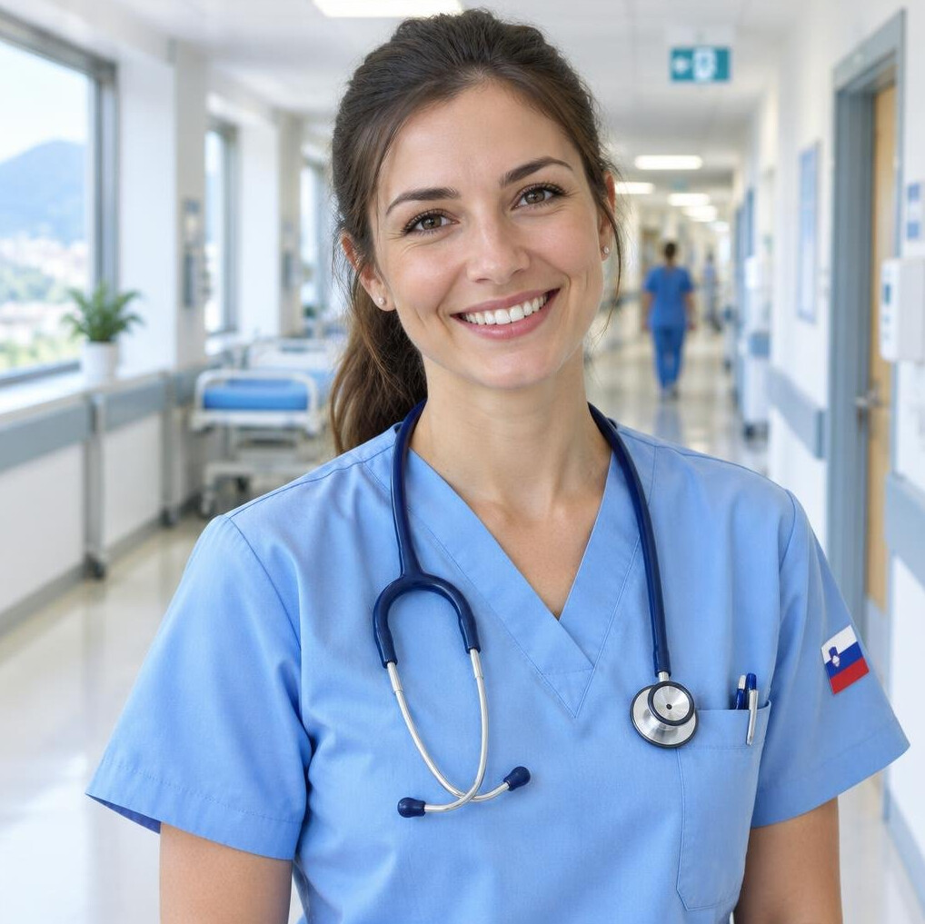 Nurse in scrubs with a stethoscope smiling in a hospital