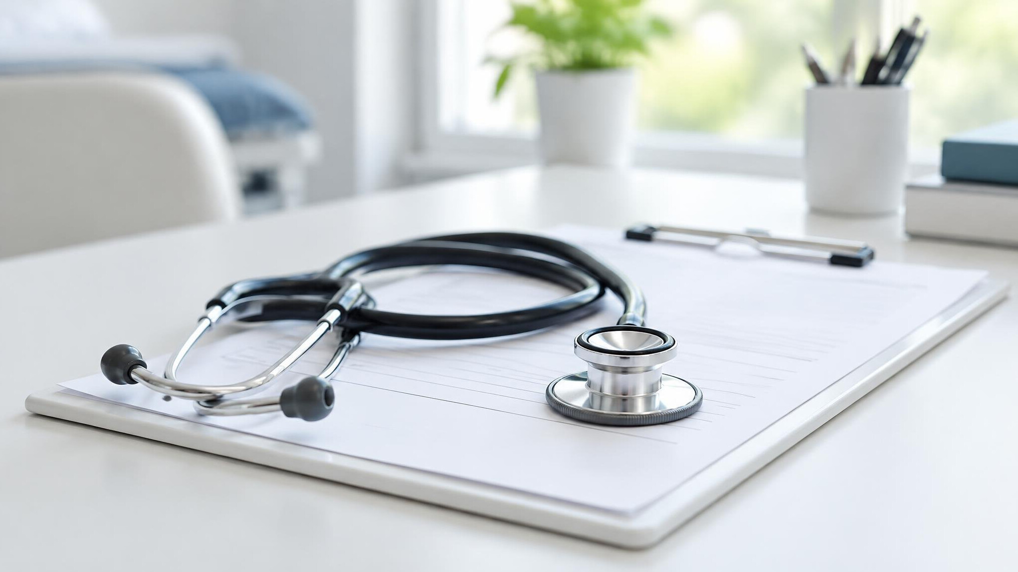 Stethoscope and clipboard on a doctor desk